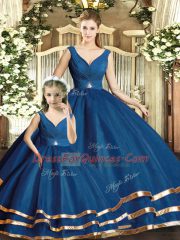 Nice Floor Length Navy Blue 15th Birthday Dress V-neck Sleeveless Backless