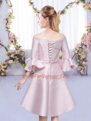 Customized Off The Shoulder 3 4 Length Sleeve Lace Up Damas Dress Baby Pink Satin