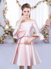 Customized Off The Shoulder 3 4 Length Sleeve Lace Up Damas Dress Baby Pink Satin