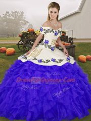 Blue Sleeveless Embroidery and Ruffles Floor Length Ball Gown Prom Dress