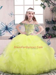 Yellow Green Lace Up Off The Shoulder Beading and Ruffles Pageant Dress for Teens Tulle Sleeveless