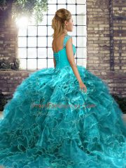Modern Off The Shoulder Sleeveless Organza Sweet 16 Dresses Beading and Ruffles Brush Train Lace Up