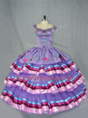 Lavender Straps Neckline Embroidery and Ruffled Layers 15th Birthday Dress Sleeveless Lace Up