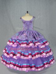Lavender Straps Neckline Embroidery and Ruffled Layers 15th Birthday Dress Sleeveless Lace Up