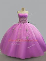 Super Lilac Ball Gowns Beading 15th Birthday Dress Lace Up Organza Sleeveless Floor Length
