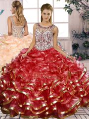 Spectacular Organza Scoop Sleeveless Lace Up Beading and Ruffles Ball Gown Prom Dress in Red