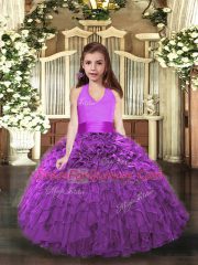 Super Eggplant Purple and Purple Halter Top Lace Up Ruffles Pageant Gowns Sleeveless