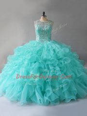 Glittering Scoop Sleeveless Lace Up Sweet 16 Dress Aqua Blue Organza