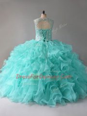 Glittering Scoop Sleeveless Lace Up Sweet 16 Dress Aqua Blue Organza
