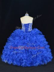 Custom Made Sleeveless Organza Floor Length Lace Up Quince Ball Gowns in Royal Blue with Beading and Ruffles