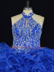 Custom Made Sleeveless Organza Floor Length Lace Up Quince Ball Gowns in Royal Blue with Beading and Ruffles