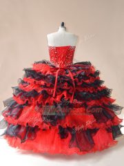 Organza Sweetheart Sleeveless Lace Up Beading and Ruffled Layers Quinceanera Dress in Red And Black