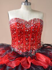 Organza Sweetheart Sleeveless Lace Up Beading and Ruffled Layers Quinceanera Dress in Red And Black