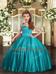 Customized Satin Straps Sleeveless Lace Up Ruching Little Girl Pageant Dress in Teal