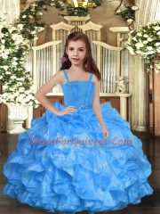 Low Price Sleeveless Organza Floor Length Lace Up Pageant Dress in Blue with Ruffles
