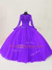 Tulle Long Sleeves Floor Length Quinceanera Dresses and Lace and Appliques