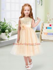Hot Sale Champagne Organza Zipper Scoop Sleeveless Tea Length Flower Girl Dresses Sequins and Hand Made Flower