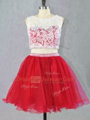 Red Sleeveless Mini Length Lace and Appliques Zipper Prom Dresses