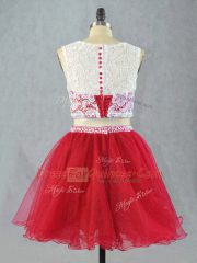 Red Sleeveless Mini Length Lace and Appliques Zipper Prom Dresses