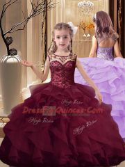 Ball Gowns Sleeveless Burgundy Little Girls Pageant Dress Brush Train Lace Up