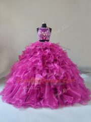 Beading and Ruffles Quinceanera Dresses Fuchsia Zipper Sleeveless Brush Train