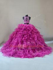 Beading and Ruffles Quinceanera Dresses Fuchsia Zipper Sleeveless Brush Train