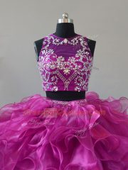 Beading and Ruffles Quinceanera Dresses Fuchsia Zipper Sleeveless Brush Train