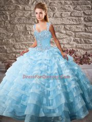 Glamorous Blue Sleeveless Beading and Ruffled Layers Lace Up Sweet 16 Quinceanera Dress