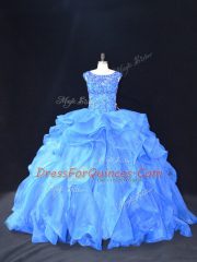 Blue Sleeveless Brush Train Beading and Ruffles Sweet 16 Dress