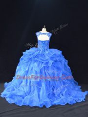 Blue Sleeveless Brush Train Beading and Ruffles Sweet 16 Dress