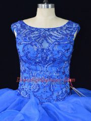 Blue Sleeveless Brush Train Beading and Ruffles Sweet 16 Dress