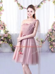 Knee Length Pink Vestidos de Damas Tulle Sleeveless Appliques and Belt