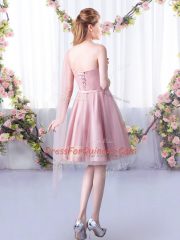 Knee Length Pink Vestidos de Damas Tulle Sleeveless Appliques and Belt