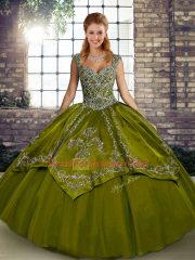 Customized Olive Green Lace Up Ball Gown Prom Dress Beading and Embroidery Sleeveless Floor Length