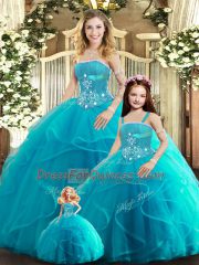 Aqua Blue Lace Up 15th Birthday Dress Beading and Ruffles Sleeveless Floor Length