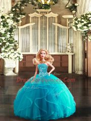 Aqua Blue Lace Up 15th Birthday Dress Beading and Ruffles Sleeveless Floor Length