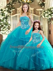 Aqua Blue Lace Up 15th Birthday Dress Beading and Ruffles Sleeveless Floor Length
