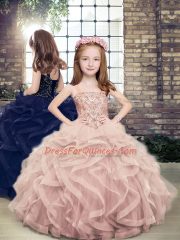 Pink Ball Gowns Beading and Ruffles Kids Formal Wear Lace Up Tulle Sleeveless Floor Length