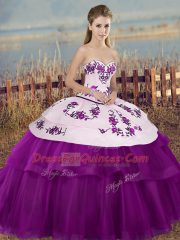 Floor Length Lace Up Ball Gown Prom Dress White And Purple for Military Ball and Sweet 16 and Quinceanera with Embroidery and Bowknot