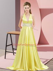 Superior V-neck Sleeveless Brush Train Backless Prom Evening Gown Yellow Elastic Woven Satin