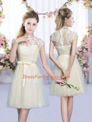 Sexy Champagne Cap Sleeves Mini Length Lace and Bowknot Lace Up Quinceanera Court Dresses