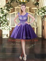 Fine Purple Tulle Zipper Prom Evening Gown Sleeveless Mini Length Beading