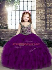 Tulle Straps Sleeveless Lace Up Beading and Ruffles Child Pageant Dress in Purple