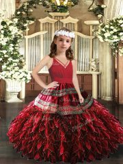 Nice Red Zipper Child Pageant Dress Appliques and Ruffles Sleeveless Floor Length