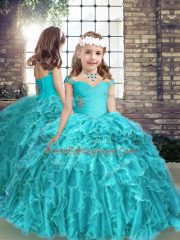 Straps Sleeveless Lace Up Little Girls Pageant Dress Aqua Blue Organza