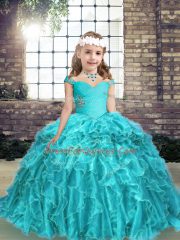 Straps Sleeveless Lace Up Little Girls Pageant Dress Aqua Blue Organza