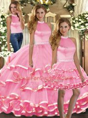 Luxury Pink Three Pieces Halter Top Sleeveless Organza Floor Length Backless Beading and Ruffled Layers 15th Birthday Dress