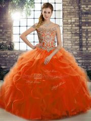 Sleeveless Beading and Ruffles Lace Up Quinceanera Dress with Orange Red Brush Train