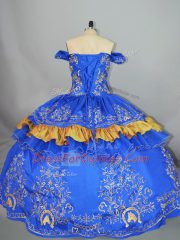 Blue Ball Gowns Satin and Organza Off The Shoulder Sleeveless Embroidery Floor Length Lace Up 15th Birthday Dress