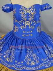 Blue Ball Gowns Satin and Organza Off The Shoulder Sleeveless Embroidery Floor Length Lace Up 15th Birthday Dress